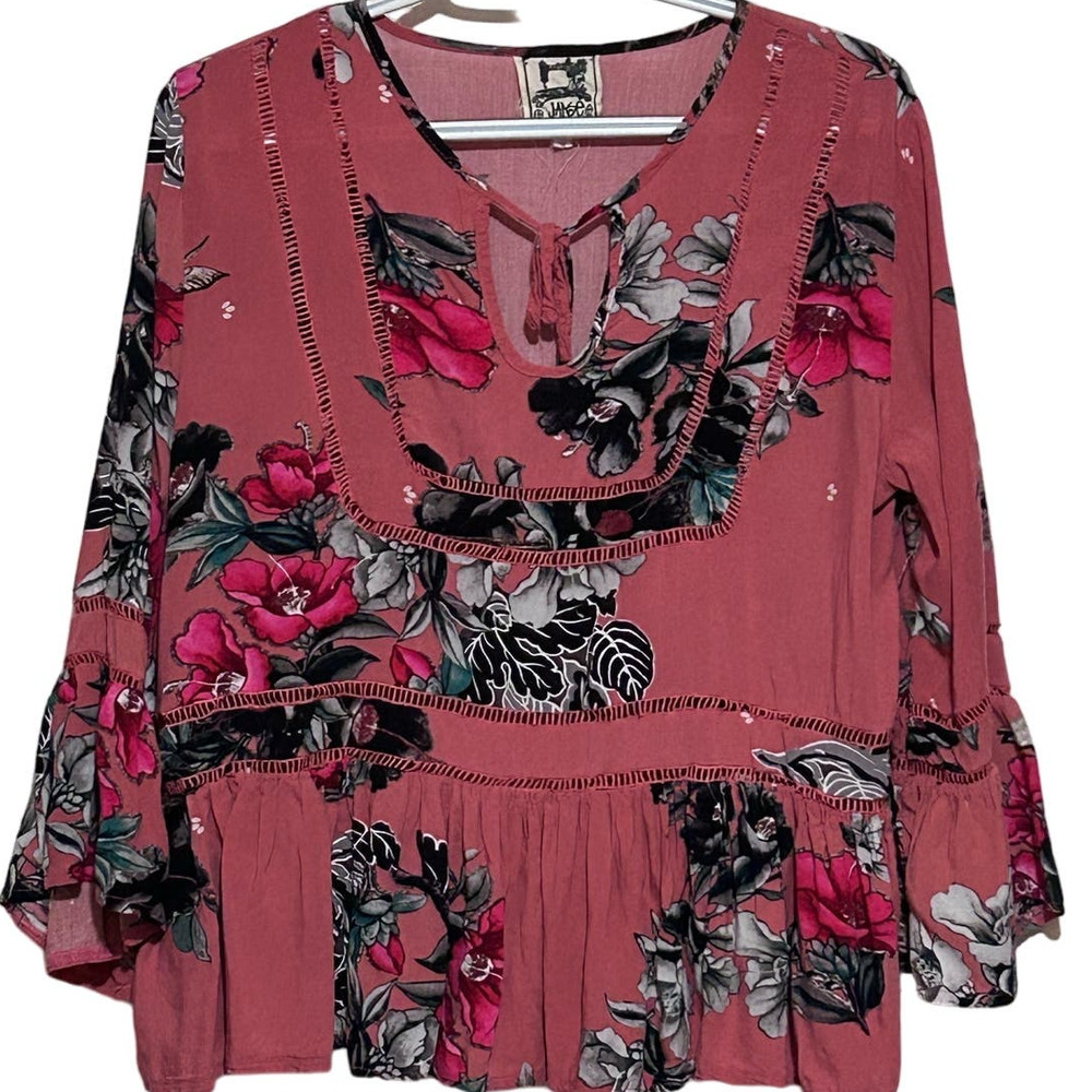 Jaase Women's Coral Floral Pink Black Long Sleeve Tunic Blouse Size M